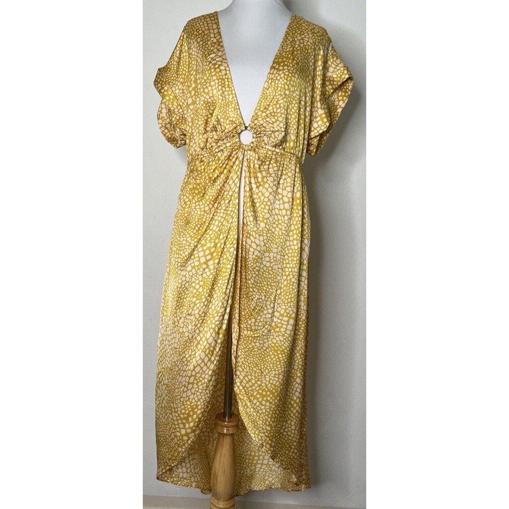 Anthropologie Large Coverup Midi Dress Gold Kaftan Short Sleeve Kimono Full Slit
